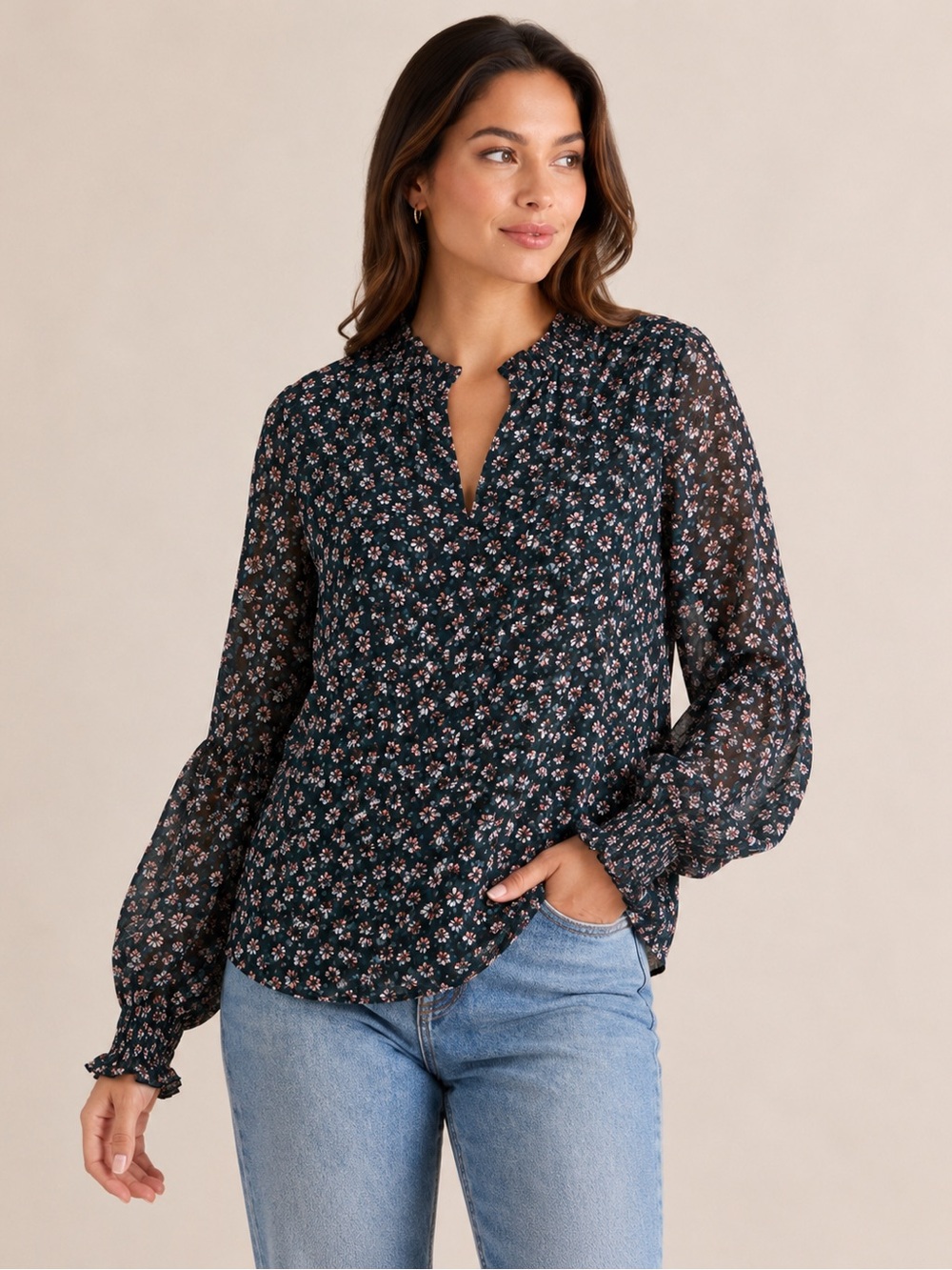 1. State Black Floral Ruffle-Neck Long Sleeve Blouse